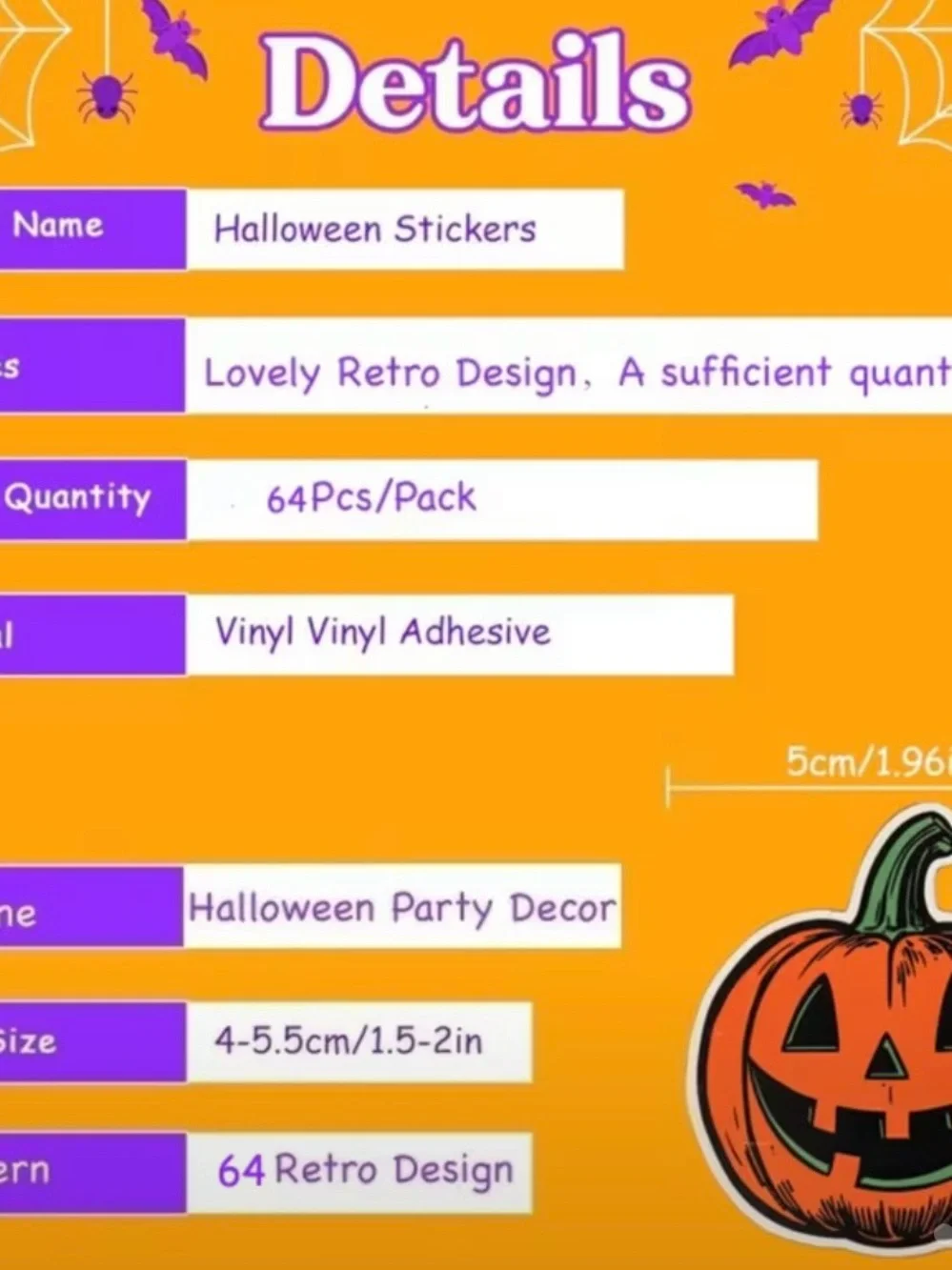 64 Vintage Halloween Stickers - Orange, Black & Green Kids Pumpkin Ghost Owl Cat